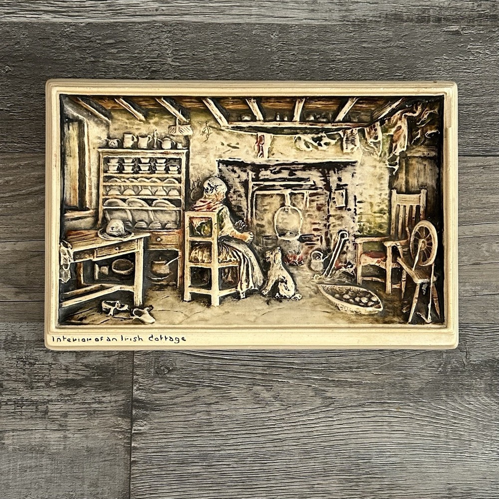Osborne Ivorex Wall Plaque Relief Interior Of An Irish Cottage Vintage 3D Carved